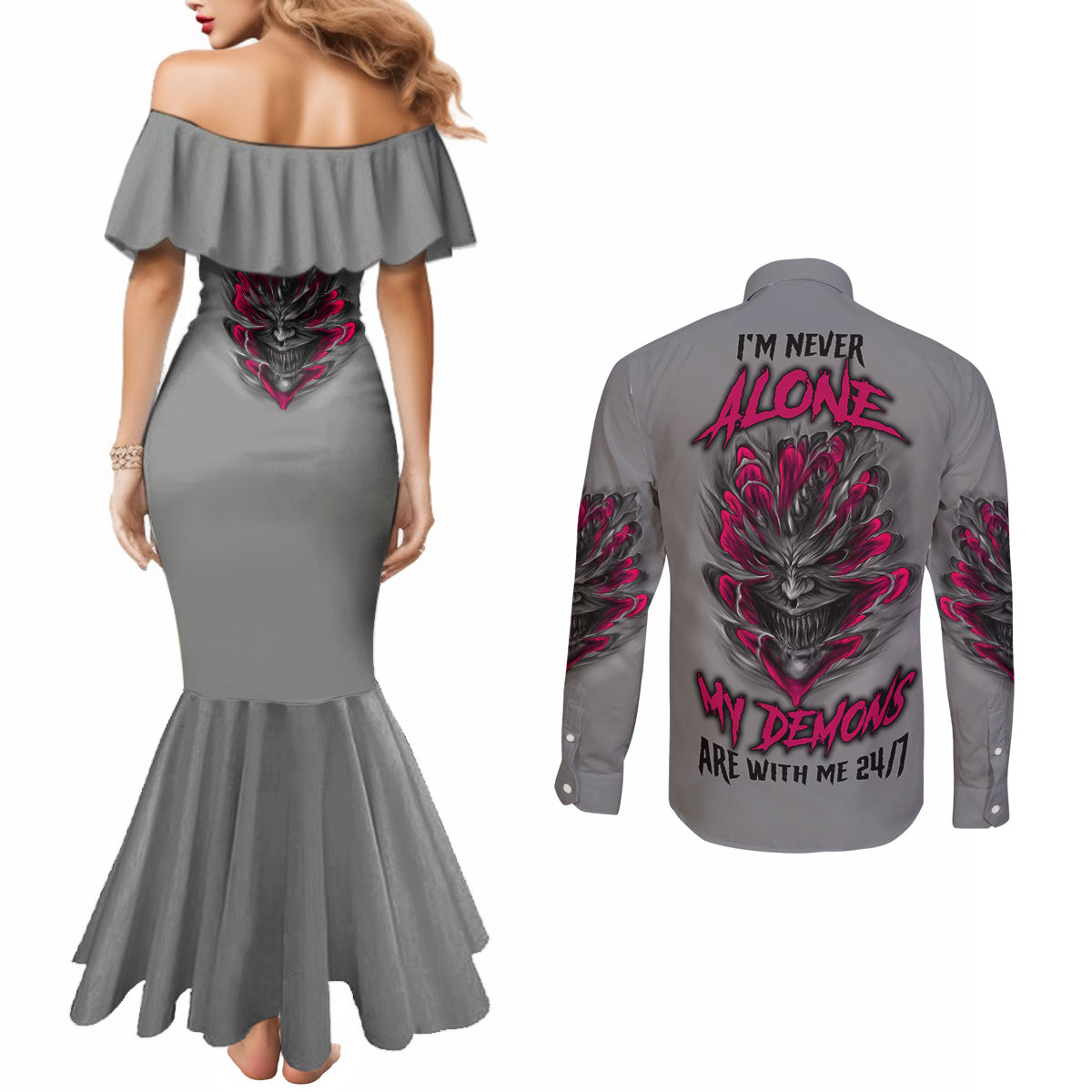 im-never-alone-skull-demon-couples-matching-mermaid-dress-and-long-sleeve-button-shirt