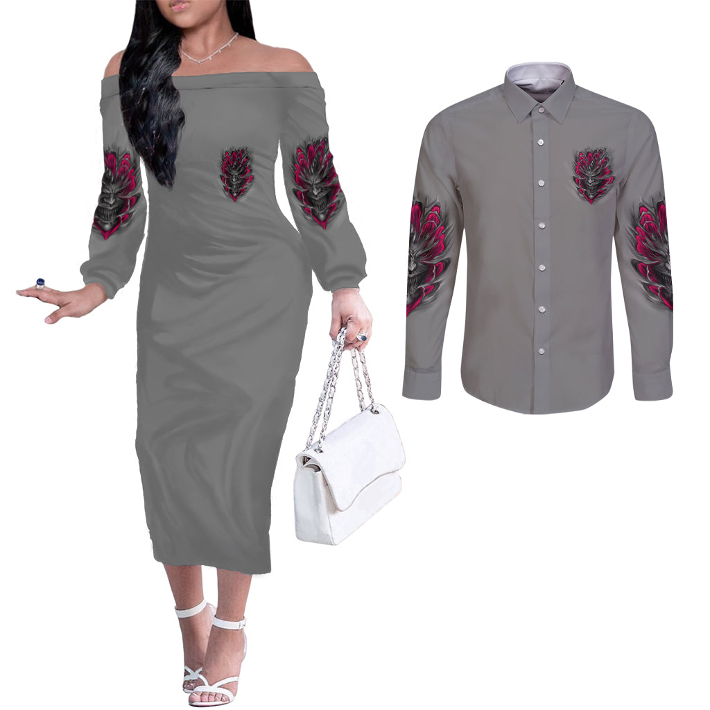 im-never-alone-skull-demon-couples-matching-off-the-shoulder-long-sleeve-dress-and-long-sleeve-button-shirt