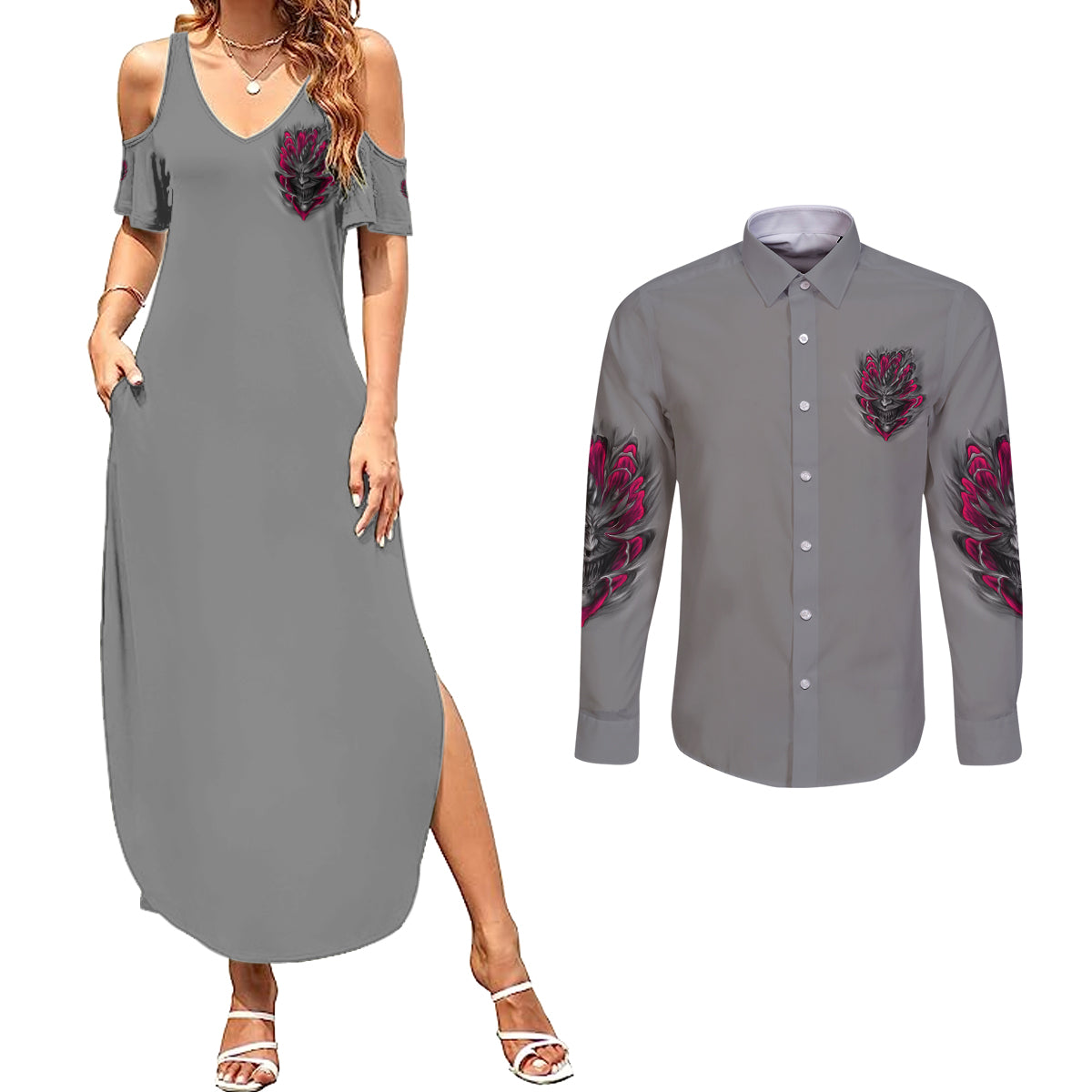 im-never-alone-skull-demon-couples-matching-summer-maxi-dress-and-long-sleeve-button-shirt