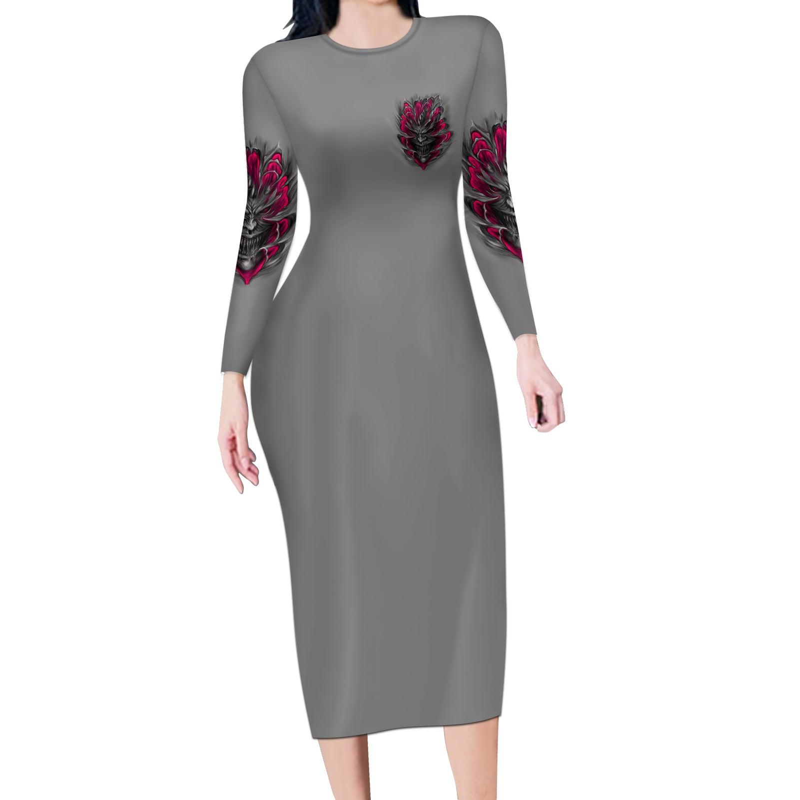 im-never-alone-skull-demon-long-sleeve-bodycon-dress