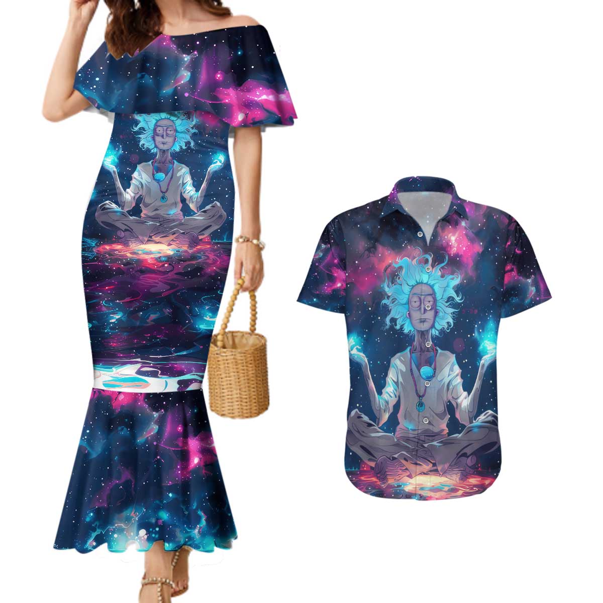 Rick and Morty Trippy Cosmic Rick Hoodie Couples Matching Mermaid Dress and Hawaiian Shirt Trippy Style