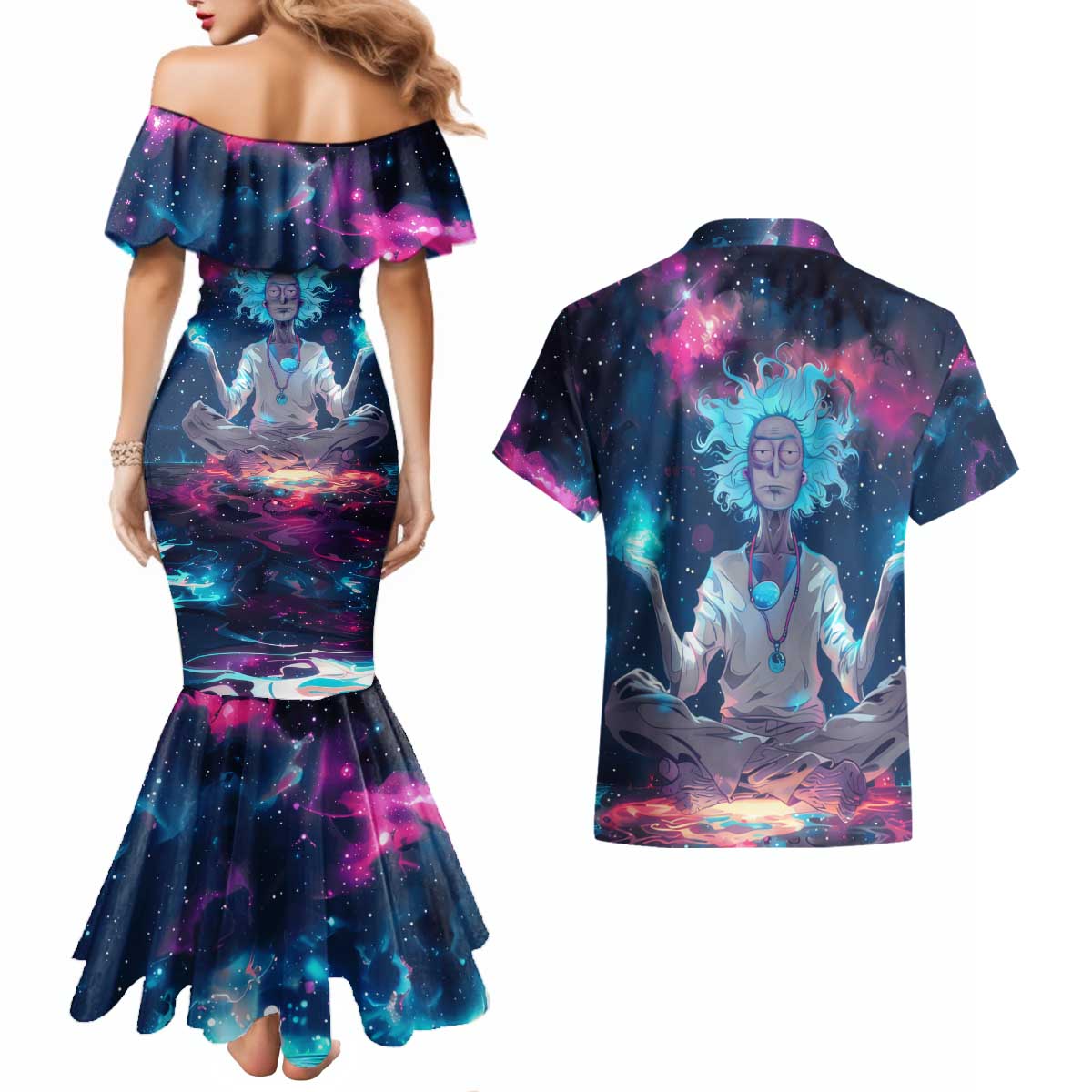 Rick and Morty Trippy Cosmic Rick Hoodie Couples Matching Mermaid Dress and Hawaiian Shirt Trippy Style