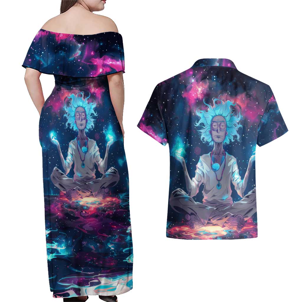 Rick and Morty Trippy Cosmic Rick Hoodie Couples Matching Off Shoulder Maxi Dress and Hawaiian Shirt Trippy Style