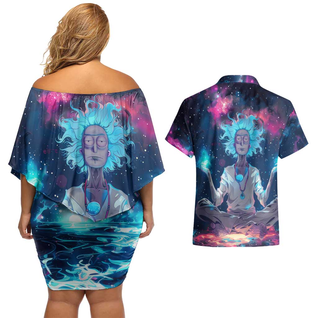 Rick and Morty Trippy Cosmic Rick Hoodie Couples Matching Off Shoulder Short Dress and Hawaiian Shirt Trippy Style