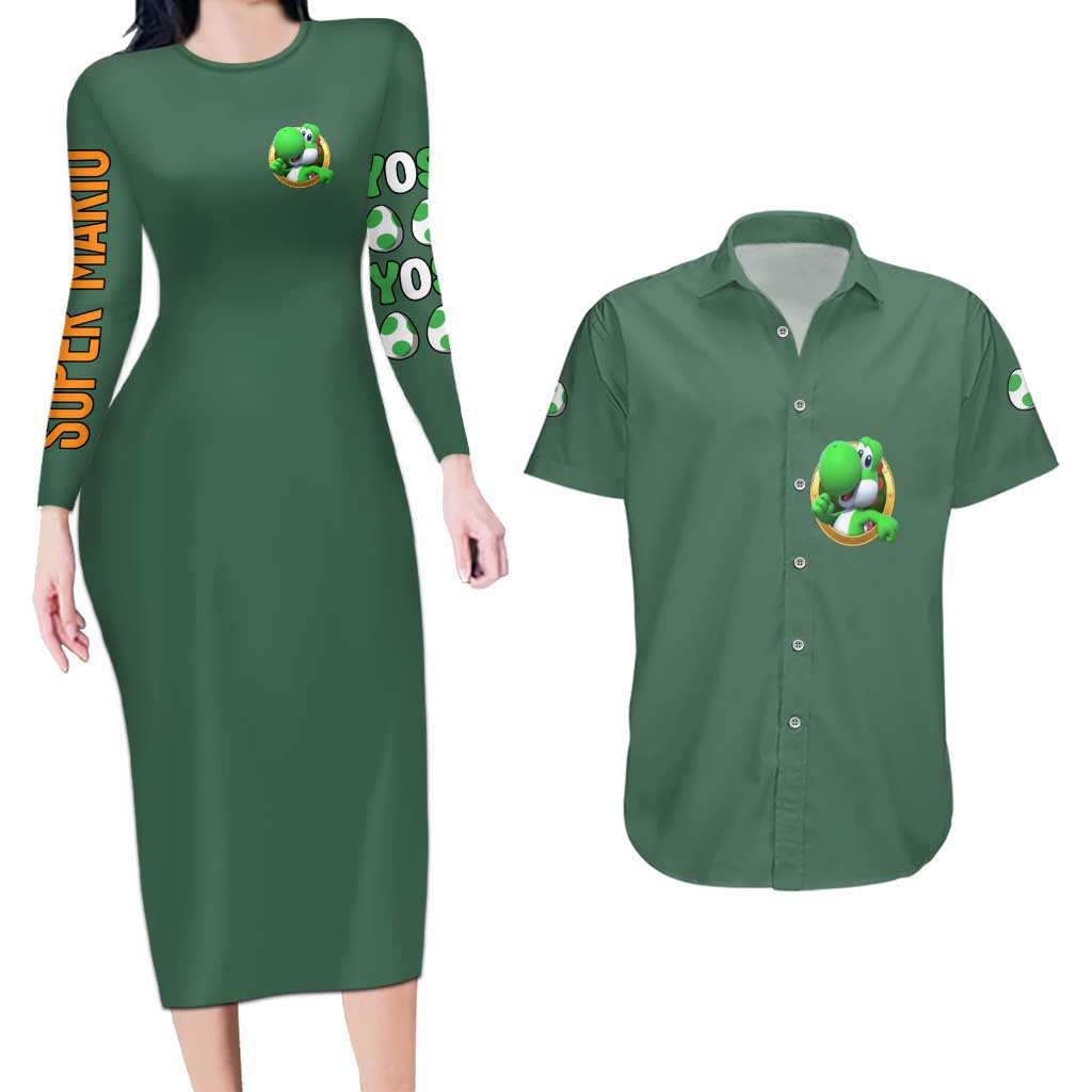 Yoshi Mario Bros Couples Matching Long Sleeve Bodycon Dress and Hawaiian Shirt Anime Style