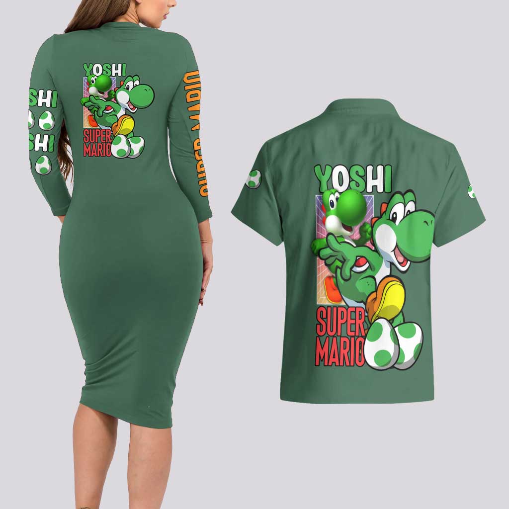 Yoshi Mario Bros Couples Matching Long Sleeve Bodycon Dress and Hawaiian Shirt Anime Style