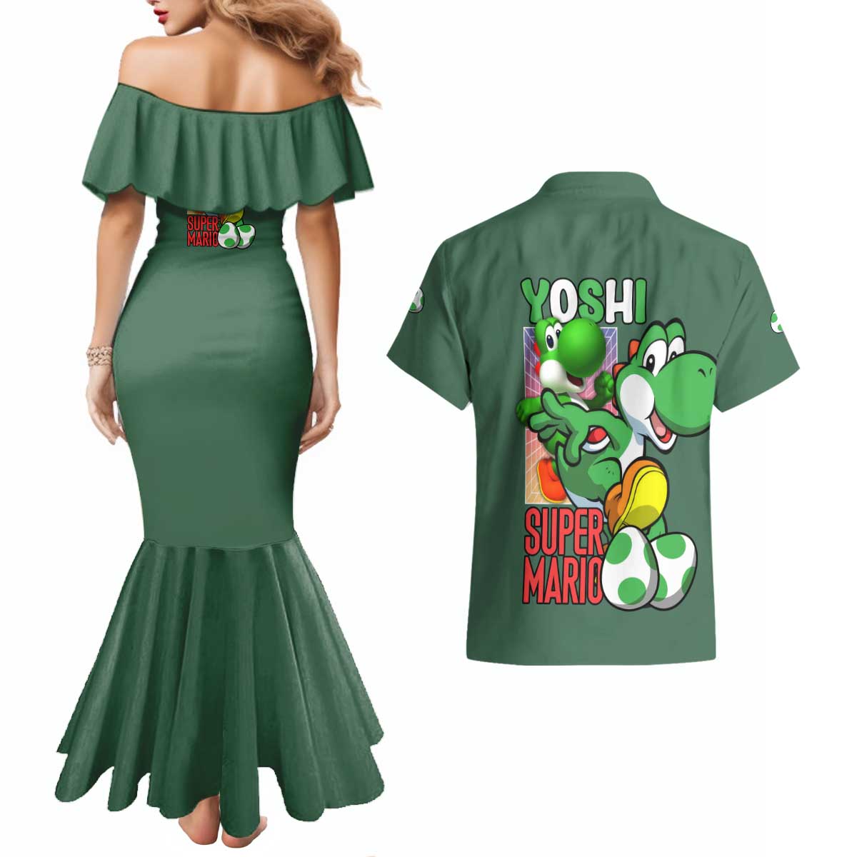 Yoshi Mario Bros Couples Matching Mermaid Dress and Hawaiian Shirt Anime Style