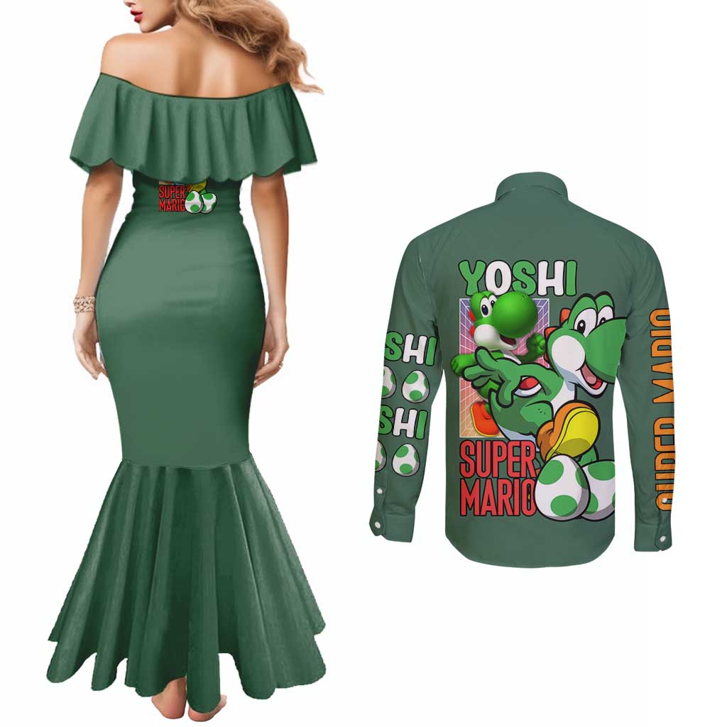 Yoshi Mario Bros Couples Matching Mermaid Dress and Long Sleeve Button Shirt Anime Style