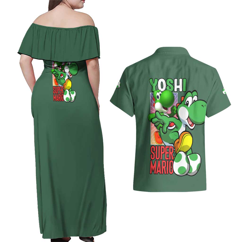 Yoshi Mario Bros Couples Matching Off Shoulder Maxi Dress and Hawaiian Shirt Anime Style