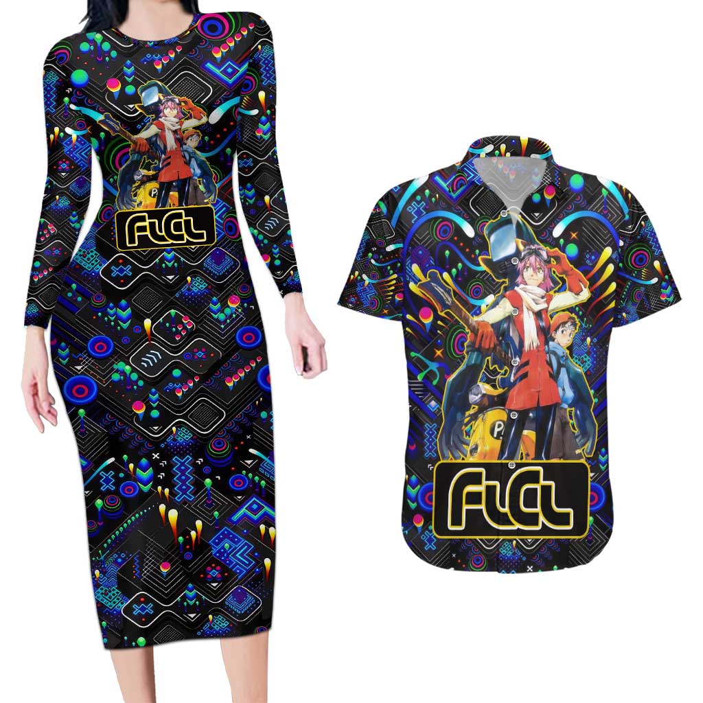 Vibing FLCL Couples Matching Long Sleeve Bodycon Dress and Hawaiian Shirt Anime Mix Colorful Abstract Style