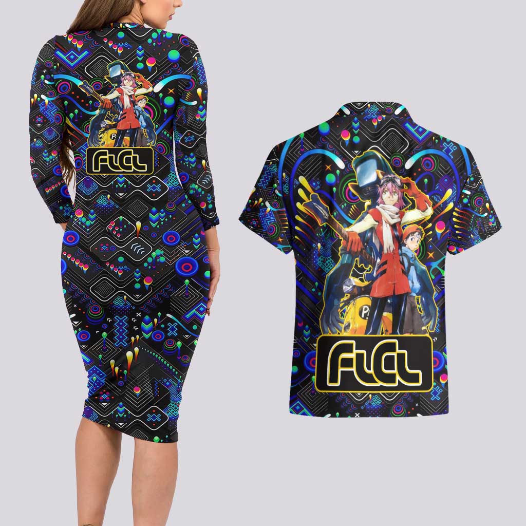 Vibing FLCL Couples Matching Long Sleeve Bodycon Dress and Hawaiian Shirt Anime Mix Colorful Abstract Style