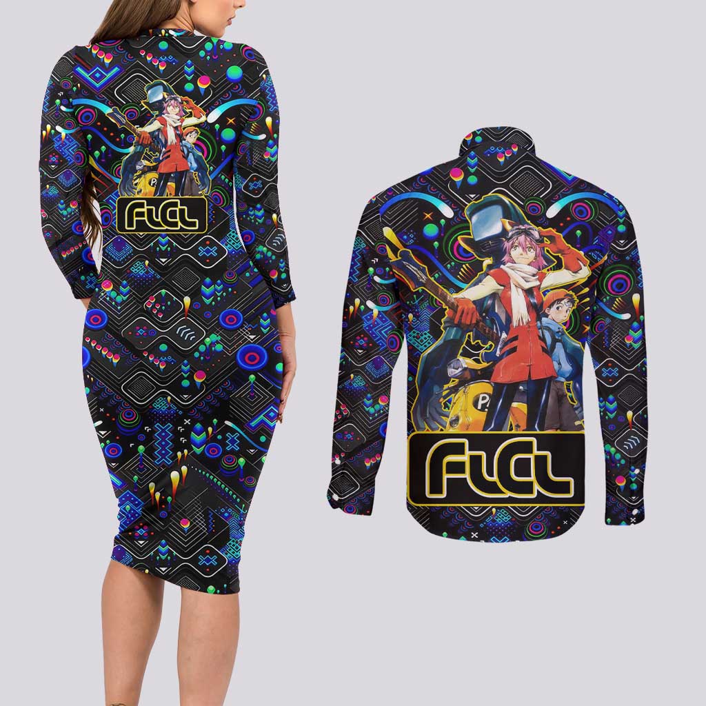 Vibing FLCL Couples Matching Long Sleeve Bodycon Dress and Long Sleeve Button Shirt Anime Mix Colorful Abstract Style