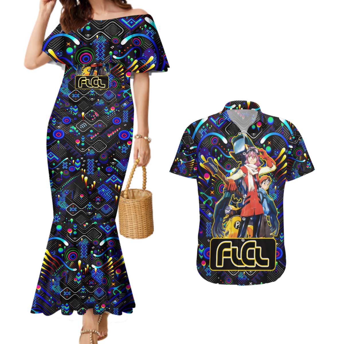 Vibing FLCL Couples Matching Mermaid Dress and Hawaiian Shirt Anime Mix Colorful Abstract Style