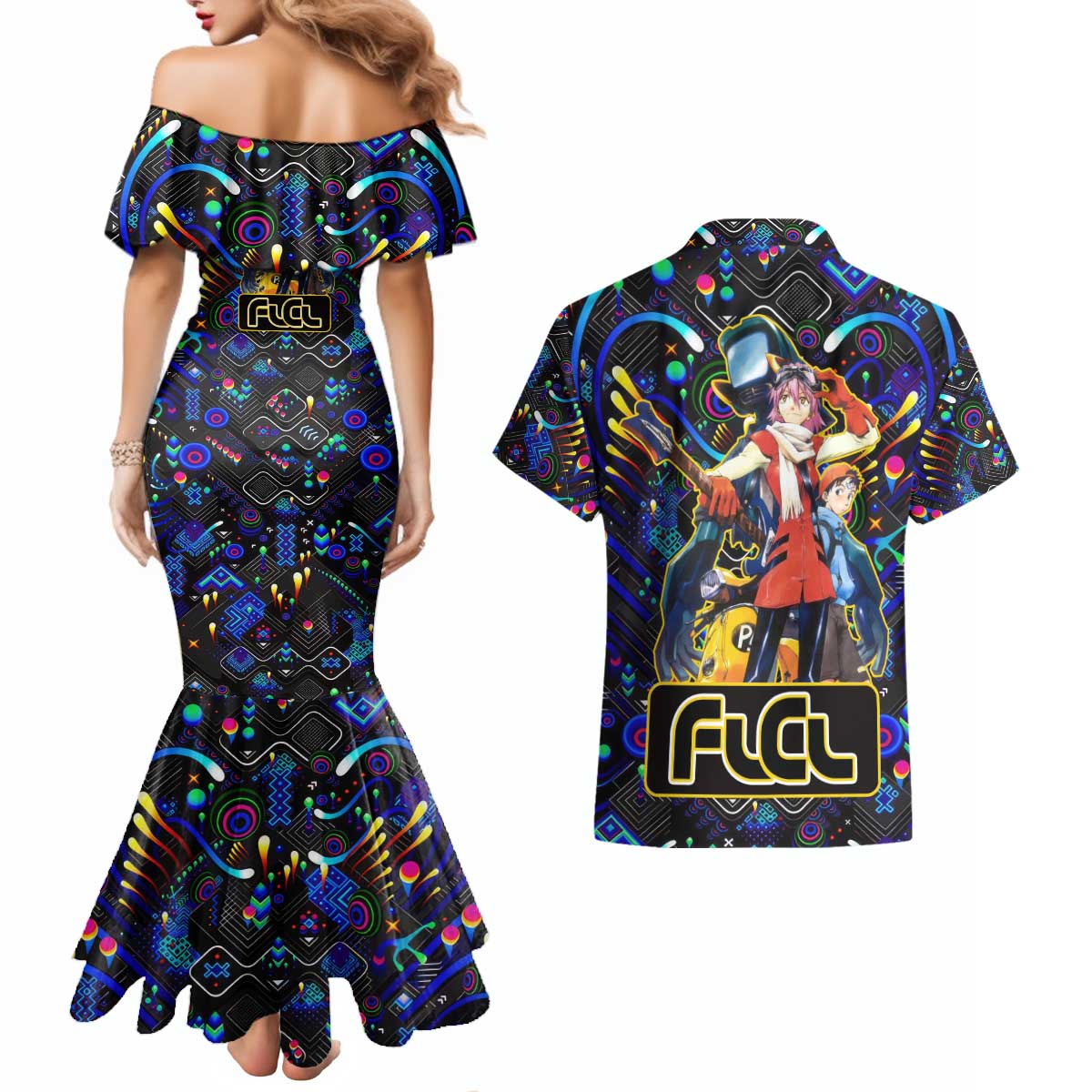 Vibing FLCL Couples Matching Mermaid Dress and Hawaiian Shirt Anime Mix Colorful Abstract Style