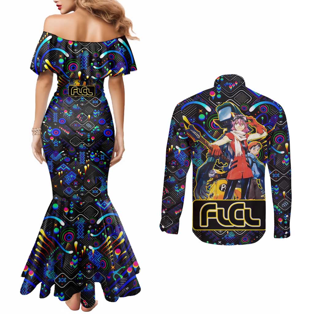 Vibing FLCL Couples Matching Mermaid Dress and Long Sleeve Button Shirt Anime Mix Colorful Abstract Style