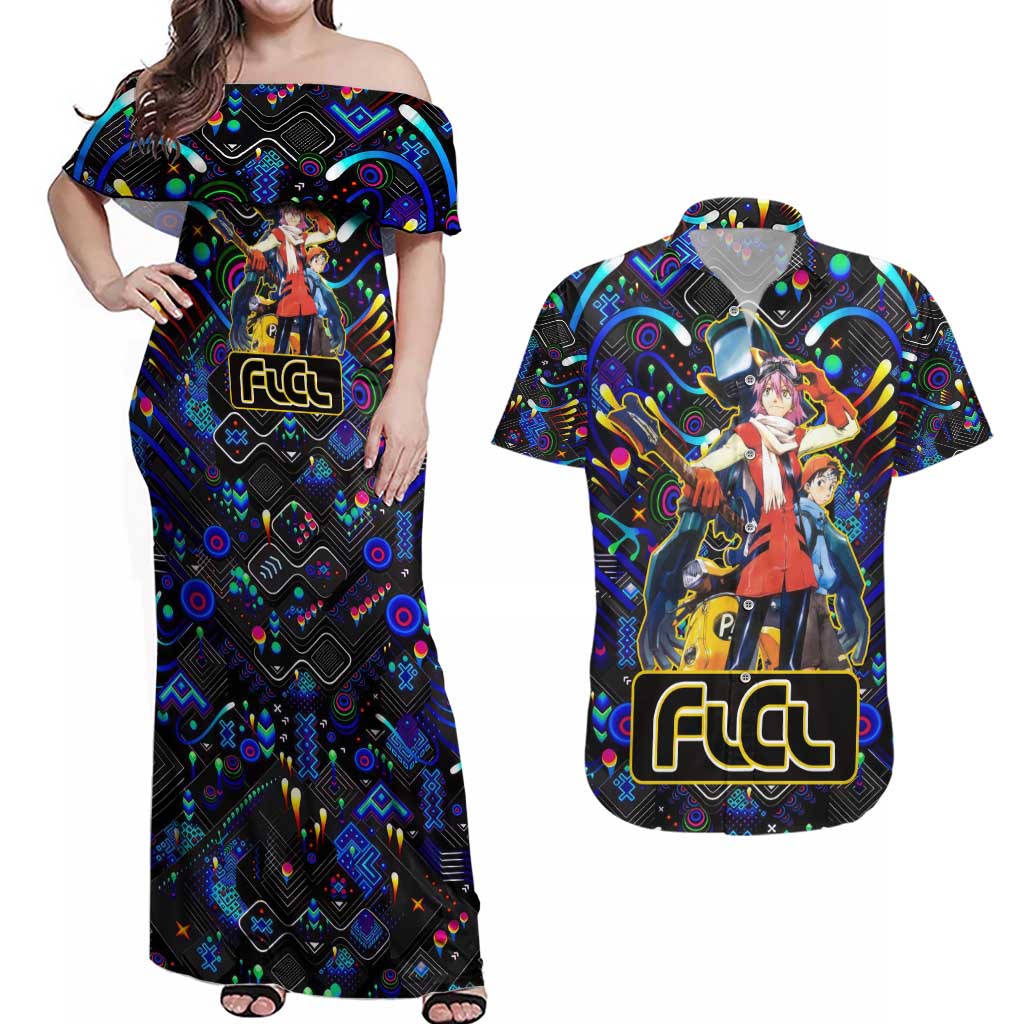 Vibing FLCL Couples Matching Off Shoulder Maxi Dress and Hawaiian Shirt Anime Mix Colorful Abstract Style