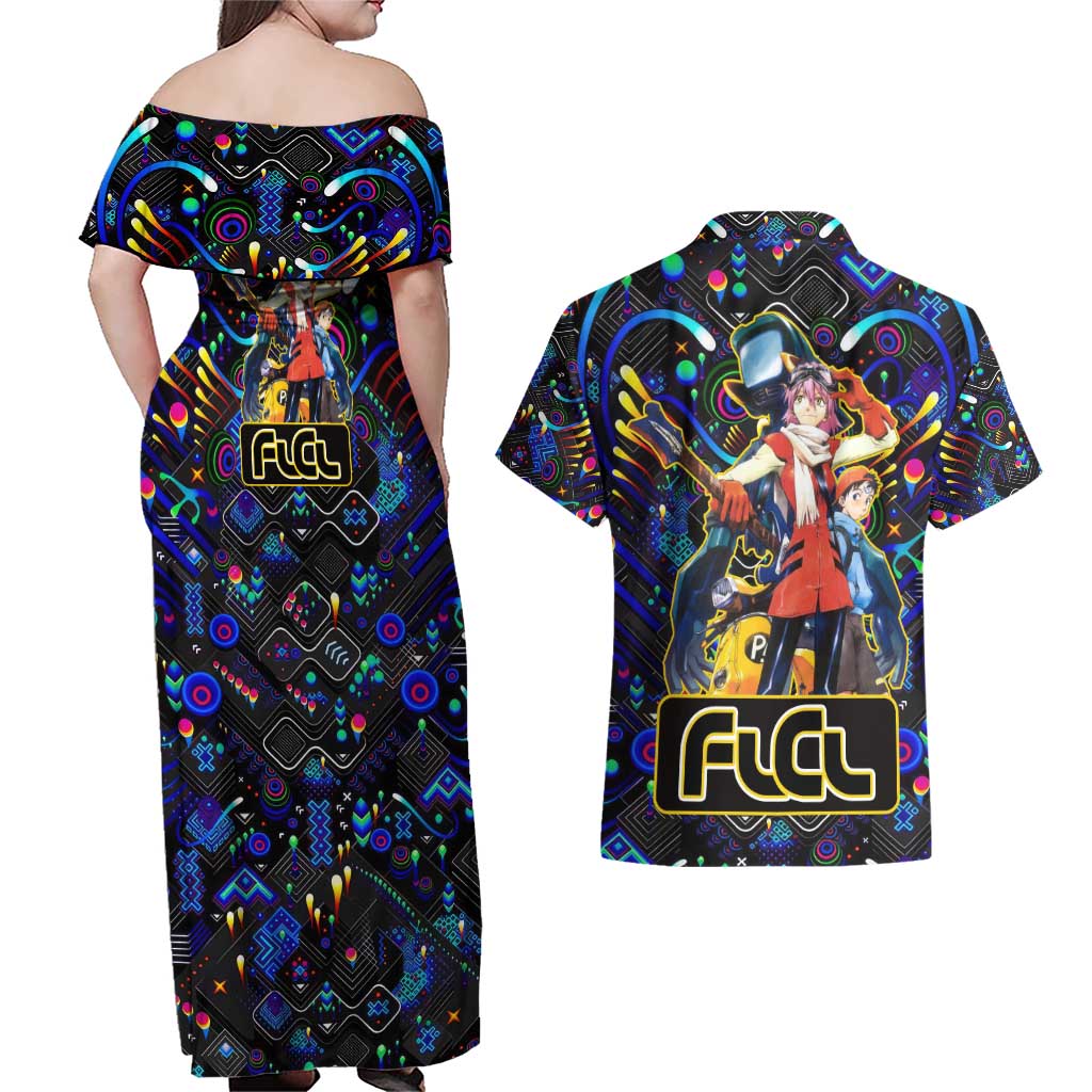 Vibing FLCL Couples Matching Off Shoulder Maxi Dress and Hawaiian Shirt Anime Mix Colorful Abstract Style