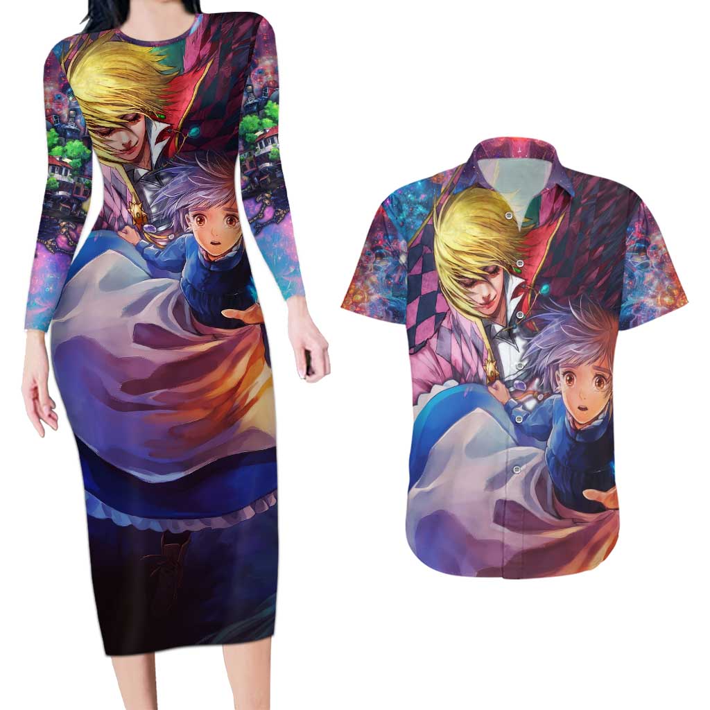 Trippy Howls Moving Castle Studio Ghibli Couples Matching Long Sleeve Bodycon Dress and Hawaiian Shirt Anime Mix With Trippy Style