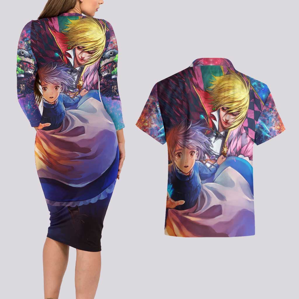 Trippy Howls Moving Castle Studio Ghibli Couples Matching Long Sleeve Bodycon Dress and Hawaiian Shirt Anime Mix With Trippy Style