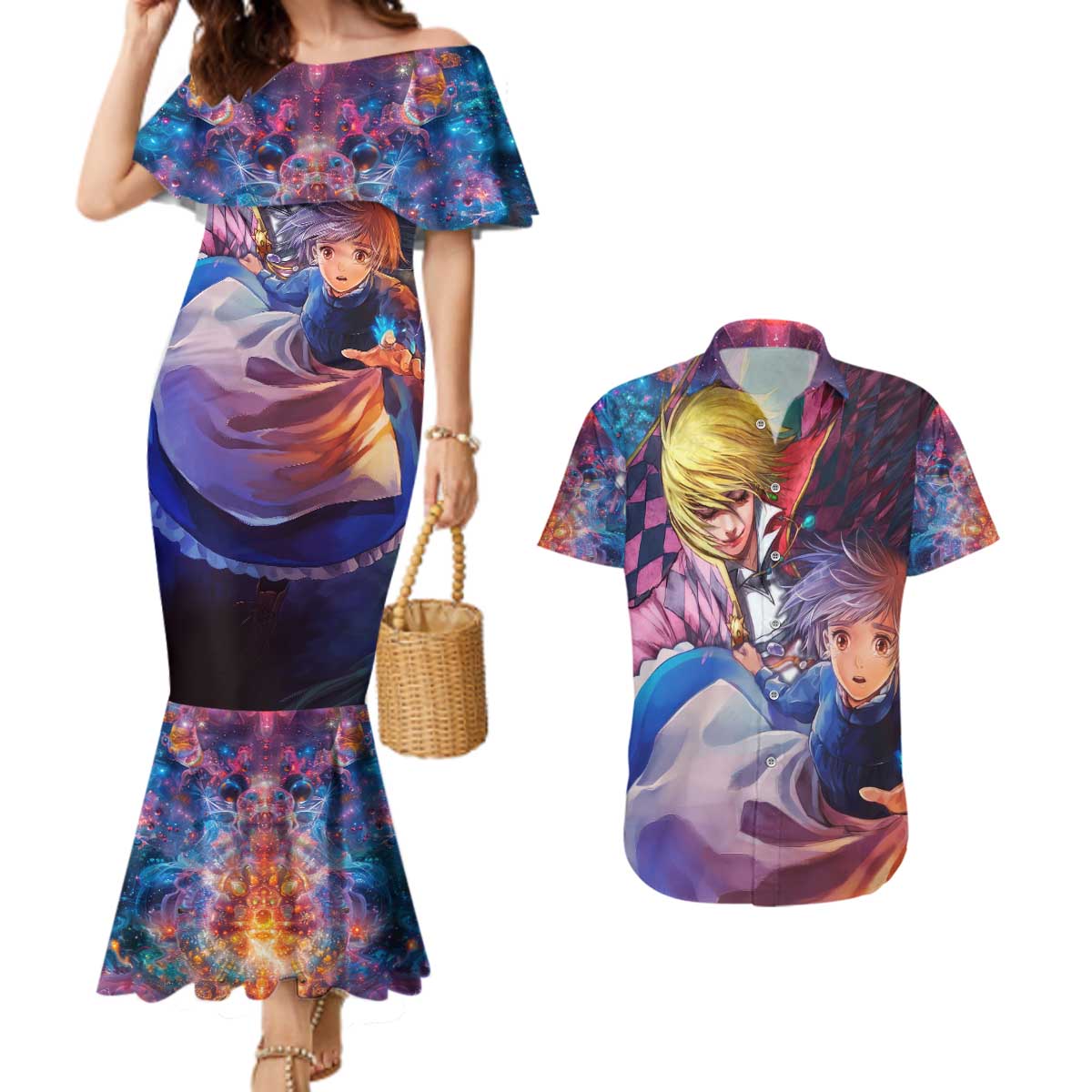 Trippy Howls Moving Castle Studio Ghibli Couples Matching Mermaid Dress and Hawaiian Shirt Anime Mix With Trippy Style