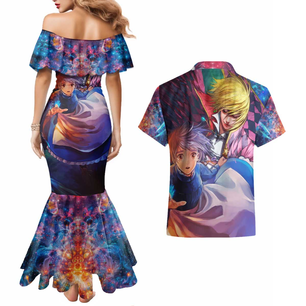 Trippy Howls Moving Castle Studio Ghibli Couples Matching Mermaid Dress and Hawaiian Shirt Anime Mix With Trippy Style