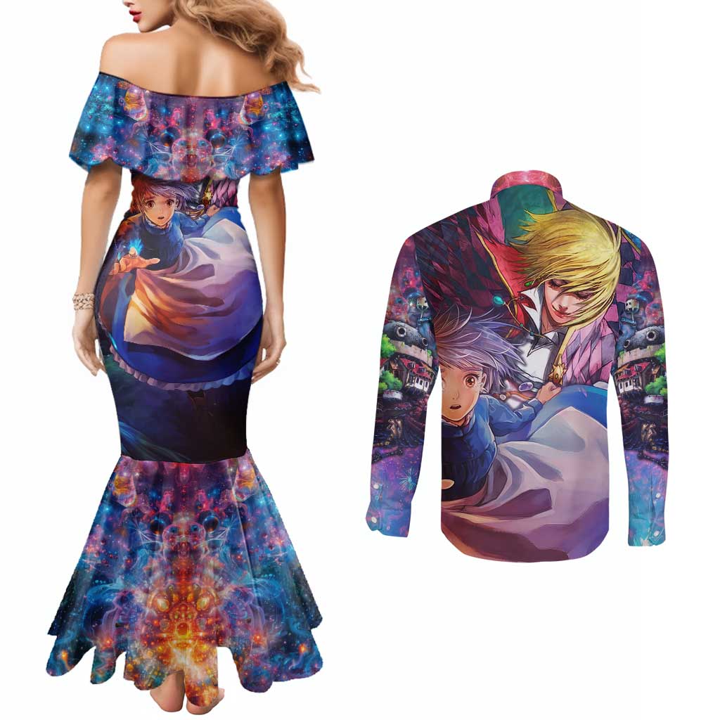 Trippy Howls Moving Castle Studio Ghibli Couples Matching Mermaid Dress and Long Sleeve Button Shirt Anime Mix With Trippy Style