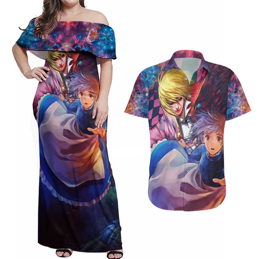 Trippy Howls Moving Castle Studio Ghibli Couples Matching Off Shoulder Maxi Dress and Hawaiian Shirt Anime Mix With Trippy Style