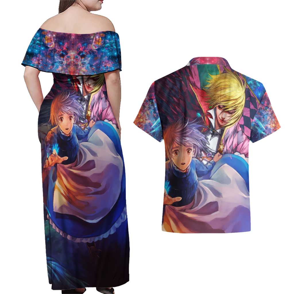 Trippy Howls Moving Castle Studio Ghibli Couples Matching Off Shoulder Maxi Dress and Hawaiian Shirt Anime Mix With Trippy Style