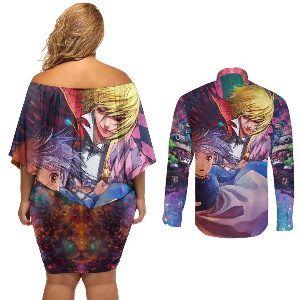 Trippy Howls Moving Castle Studio Ghibli Couples Matching Off Shoulder Short Dress and Long Sleeve Button Shirt Anime Mix With Trippy Style