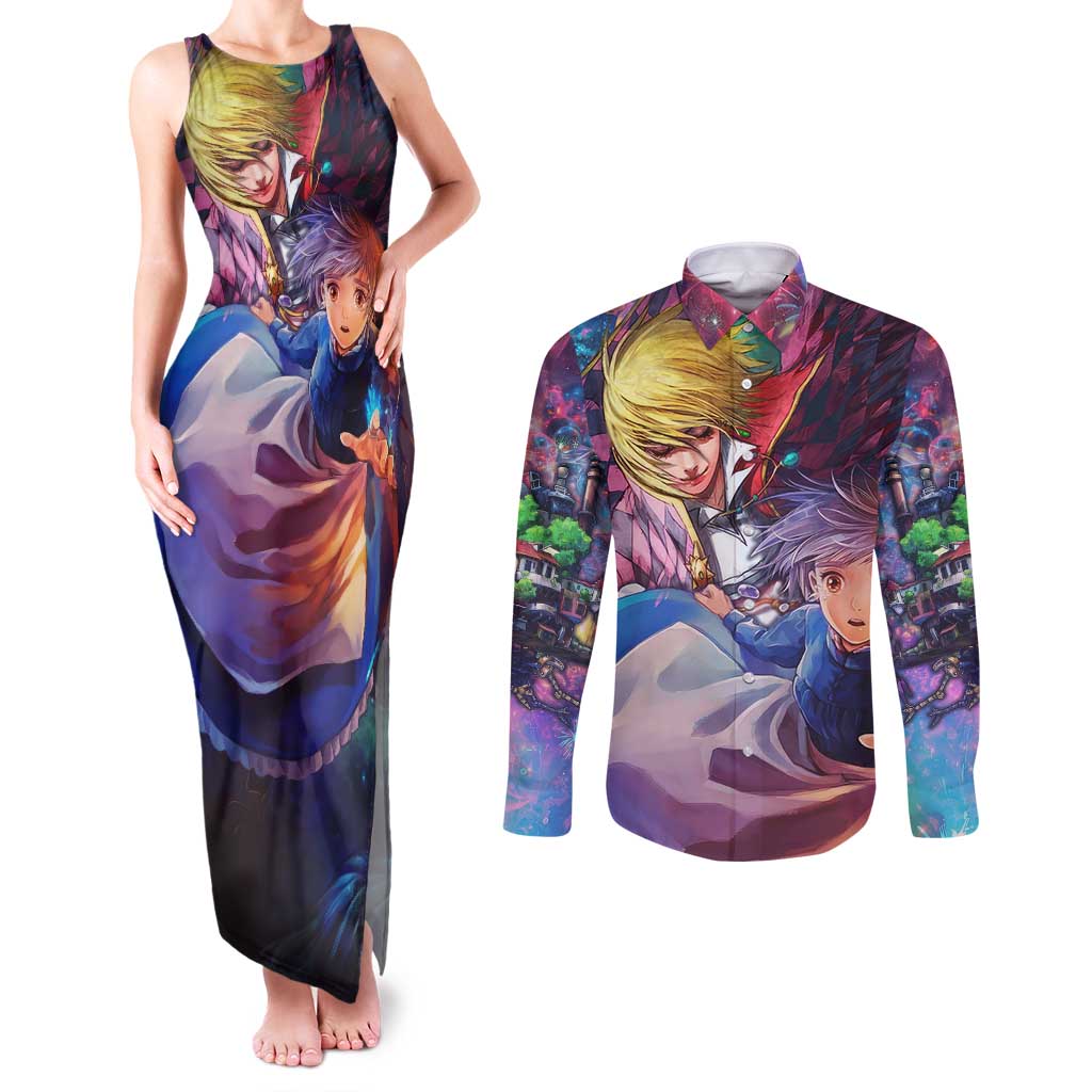 Trippy Howls Moving Castle Studio Ghibli Couples Matching Tank Maxi Dress and Long Sleeve Button Shirt Anime Mix With Trippy Style