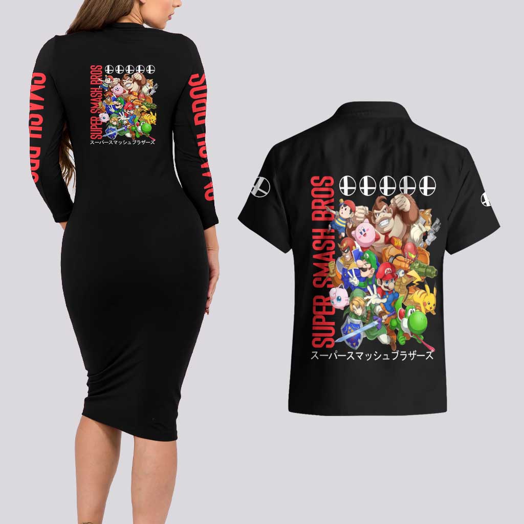 Super Smash Bros Couples Matching Long Sleeve Bodycon Dress and Hawaiian Shirt Anime Style