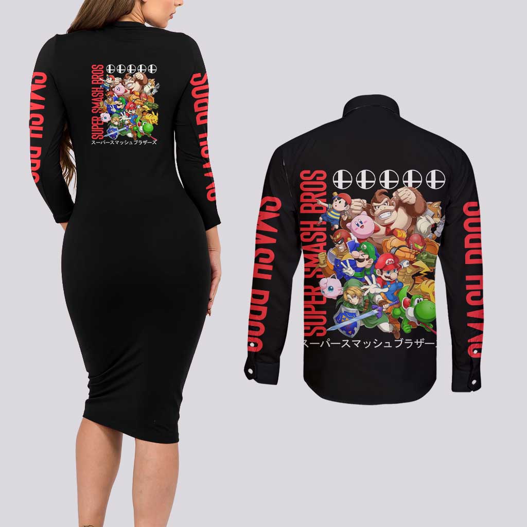 Super Smash Bros Couples Matching Long Sleeve Bodycon Dress and Long Sleeve Button Shirt Anime Style