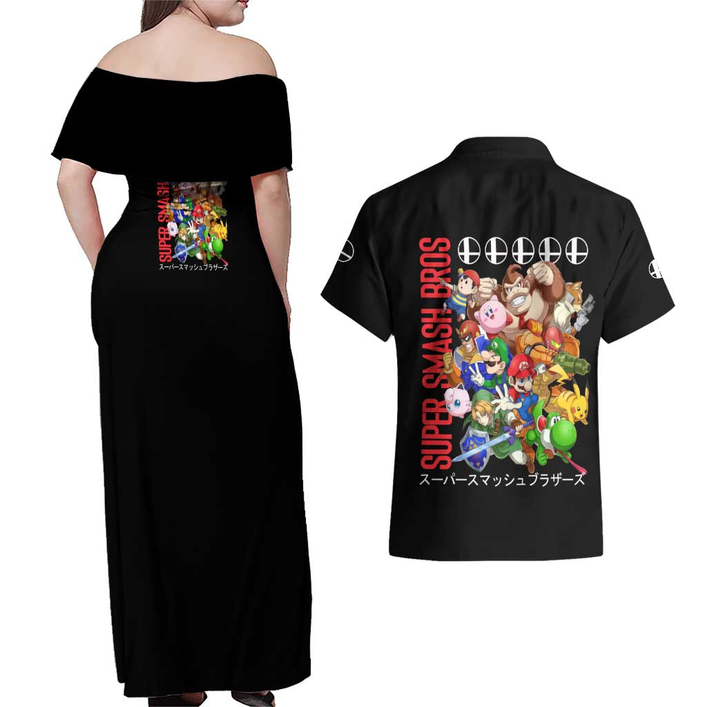 Super Smash Bros Couples Matching Off Shoulder Maxi Dress and Hawaiian Shirt Anime Style