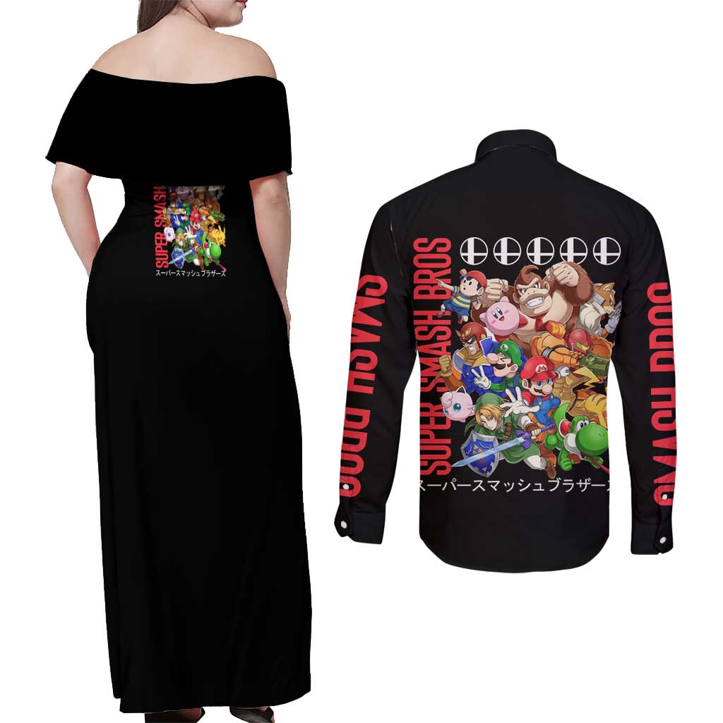 Super Smash Bros Couples Matching Off Shoulder Maxi Dress and Long Sleeve Button Shirt Anime Style