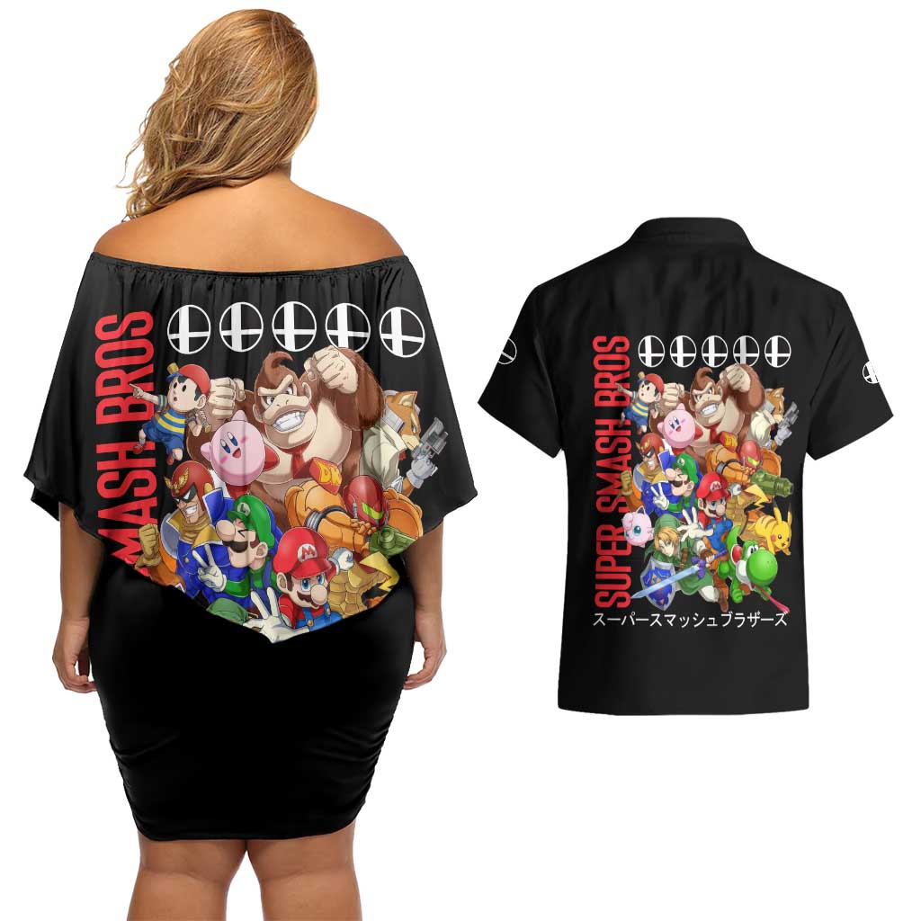 Super Smash Bros Couples Matching Off Shoulder Short Dress and Hawaiian Shirt Anime Style