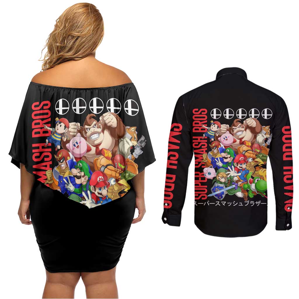 Super Smash Bros Couples Matching Off Shoulder Short Dress and Long Sleeve Button Shirt Anime Style