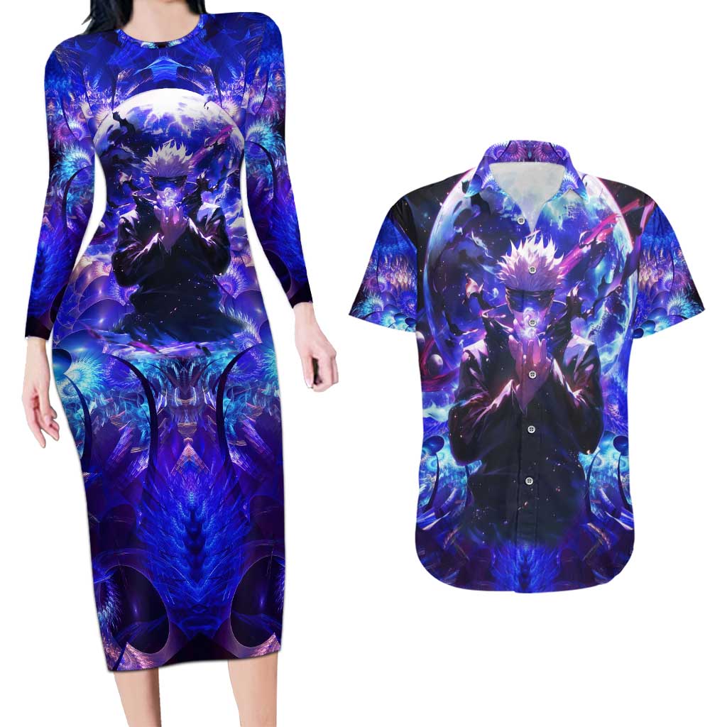 Trippy Gojo Satoru Jujutsu Kaisen Couples Matching Long Sleeve Bodycon Dress and Hawaiian Shirt Anime Style
