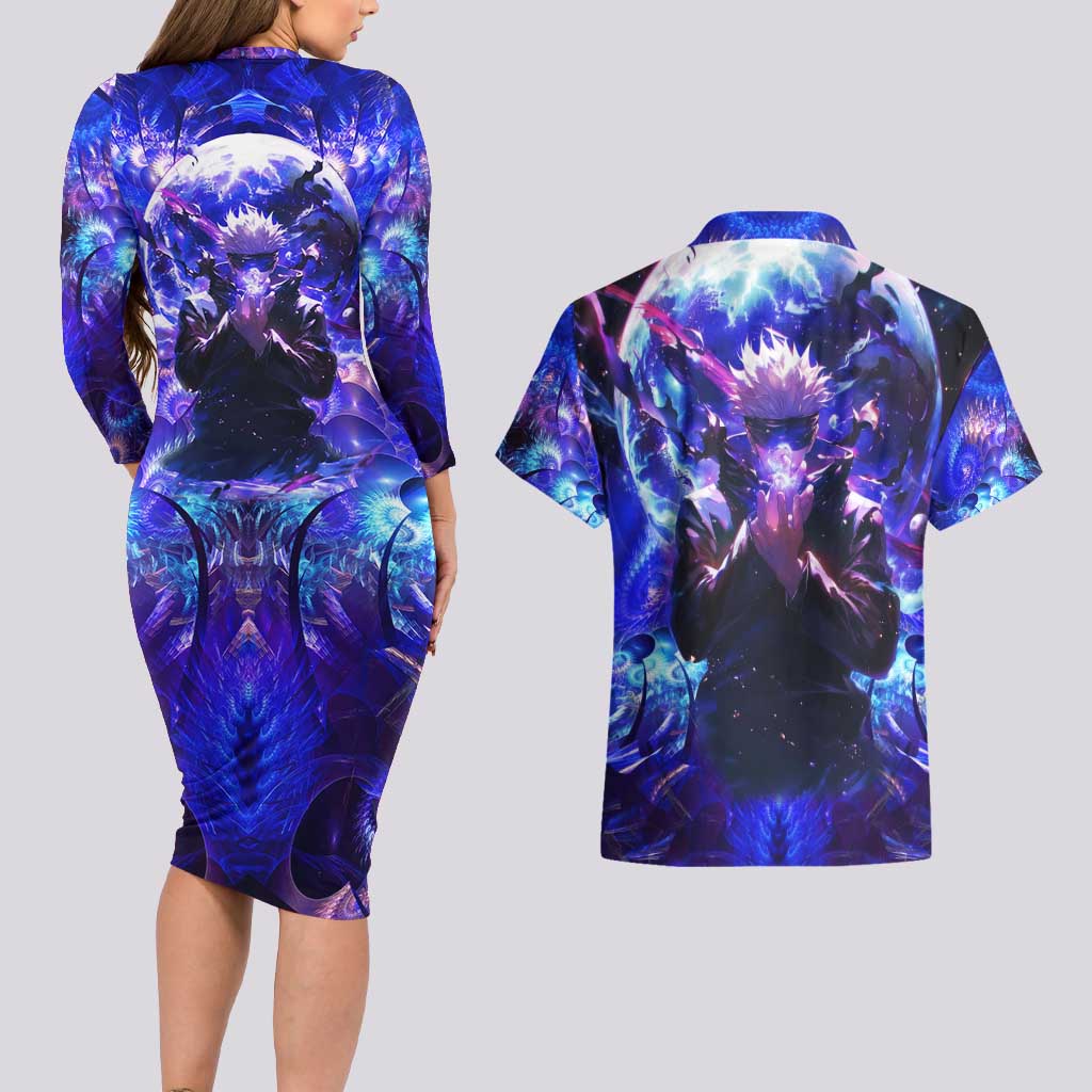 Trippy Gojo Satoru Jujutsu Kaisen Couples Matching Long Sleeve Bodycon Dress and Hawaiian Shirt Anime Style