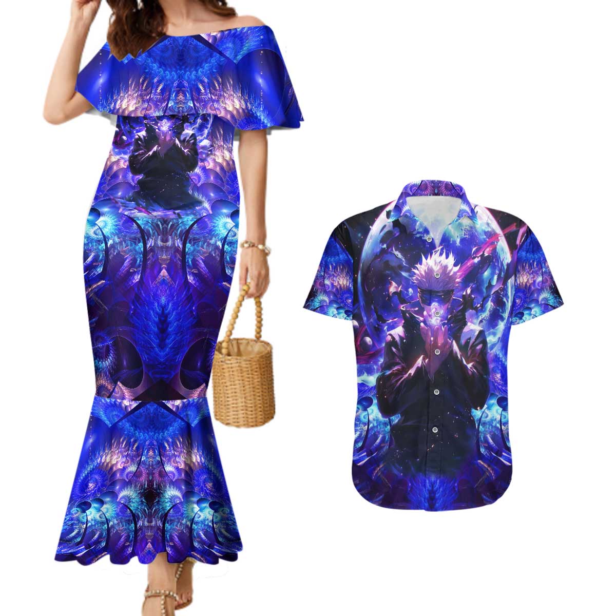 Trippy Gojo Satoru Jujutsu Kaisen Couples Matching Mermaid Dress and Hawaiian Shirt Anime Style