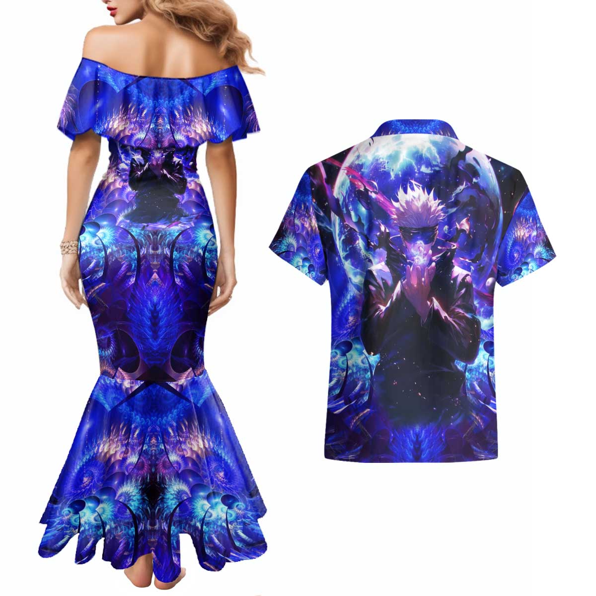 Trippy Gojo Satoru Jujutsu Kaisen Couples Matching Mermaid Dress and Hawaiian Shirt Anime Style