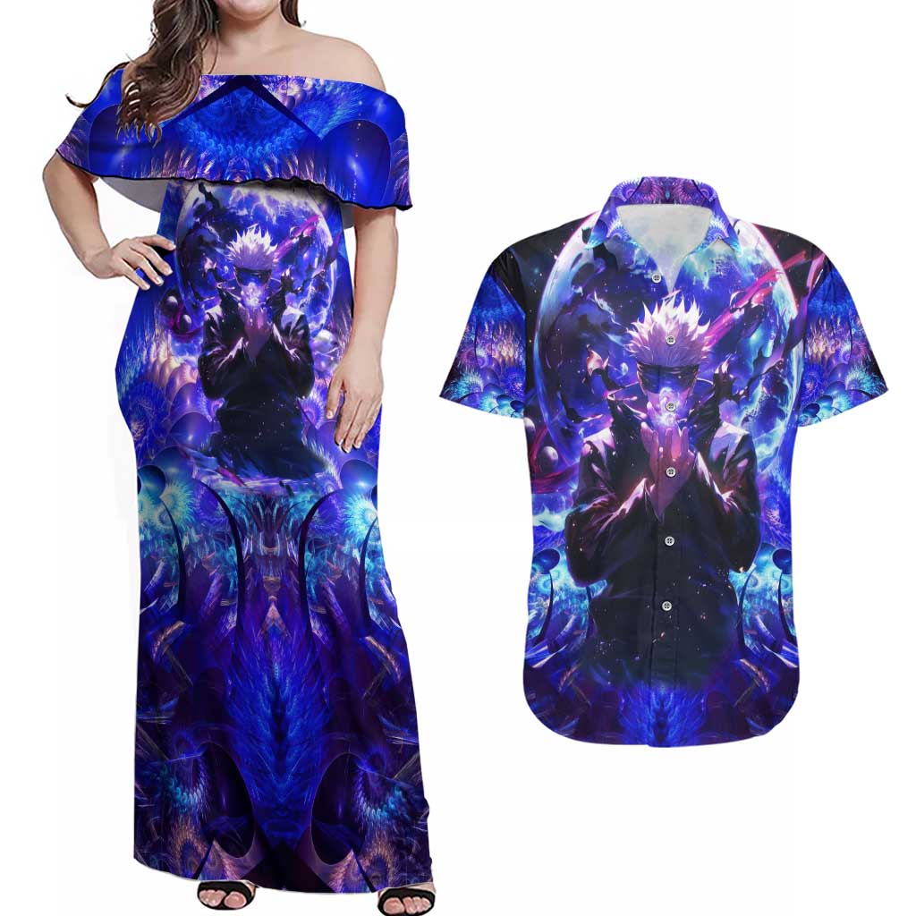Trippy Gojo Satoru Jujutsu Kaisen Couples Matching Off Shoulder Maxi Dress and Hawaiian Shirt Anime Style