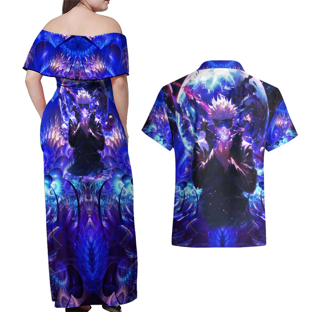 Trippy Gojo Satoru Jujutsu Kaisen Couples Matching Off Shoulder Maxi Dress and Hawaiian Shirt Anime Style