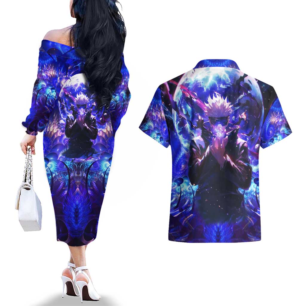 Trippy Gojo Satoru Jujutsu Kaisen Couples Matching Off The Shoulder Long Sleeve Dress and Hawaiian Shirt Anime Style