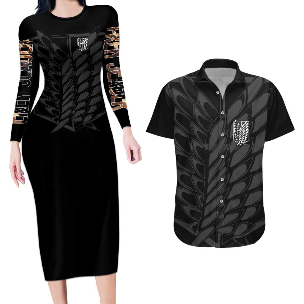 Eren Yeager Attack on Titan Couples Matching Long Sleeve Bodycon Dress and Hawaiian Shirt Anime Style - The Mazicc