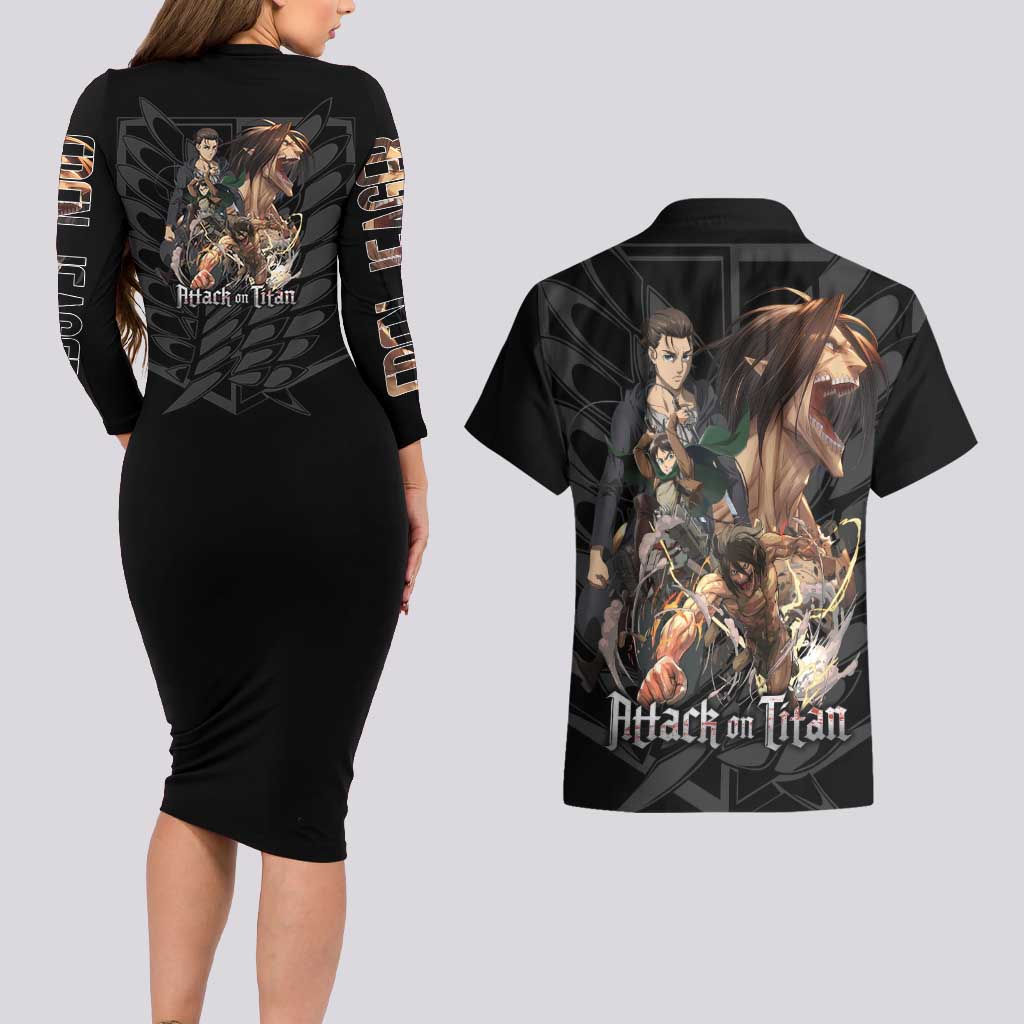 Eren Yeager Attack on Titan Couples Matching Long Sleeve Bodycon Dress and Hawaiian Shirt Anime Style - The Mazicc