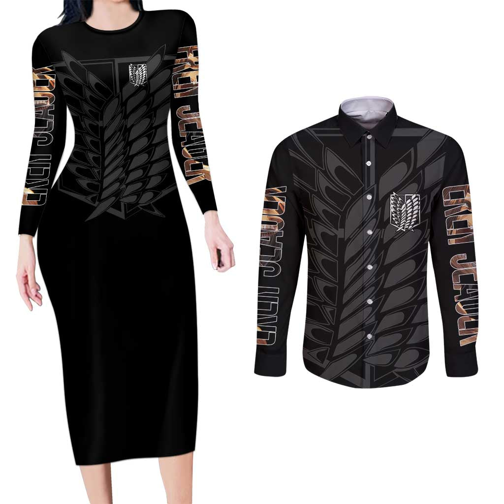 Eren Yeager Attack on Titan Couples Matching Long Sleeve Bodycon Dress and Long Sleeve Button Shirt Anime Style - The Mazicc