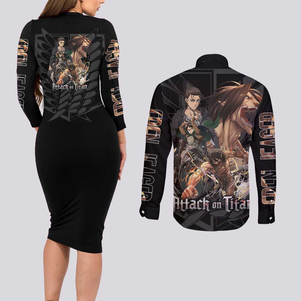 Eren Yeager Attack on Titan Couples Matching Long Sleeve Bodycon Dress and Long Sleeve Button Shirt Anime Style - The Mazicc