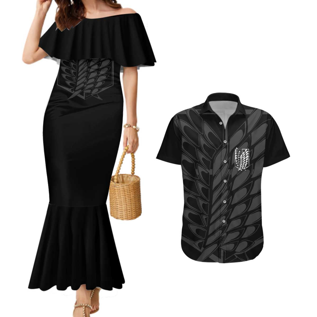 Eren Yeager Attack on Titan Couples Matching Mermaid Dress and Hawaiian Shirt Anime Style - The Mazicc