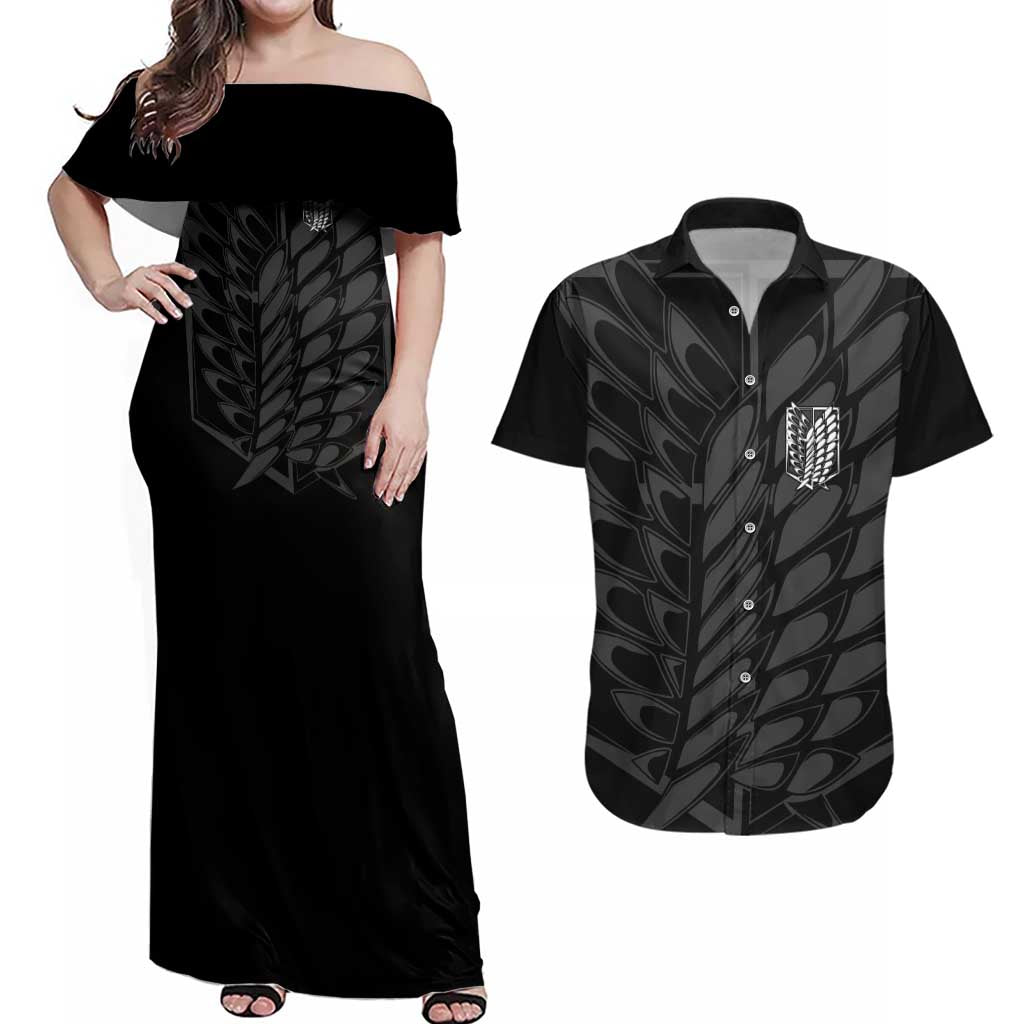 Eren Yeager Attack on Titan Couples Matching Off Shoulder Maxi Dress and Hawaiian Shirt Anime Style - The Mazicc