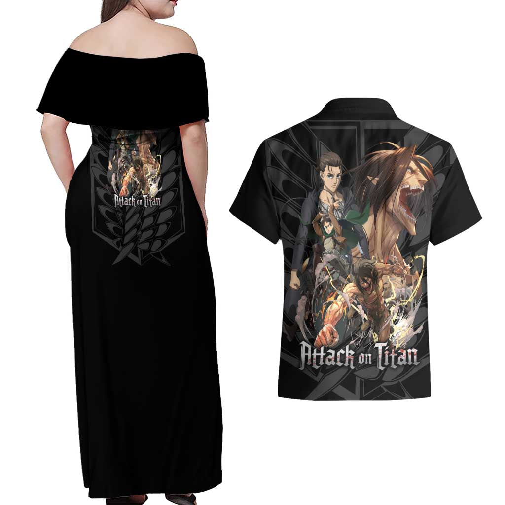 Eren Yeager Attack on Titan Couples Matching Off Shoulder Maxi Dress and Hawaiian Shirt Anime Style - The Mazicc